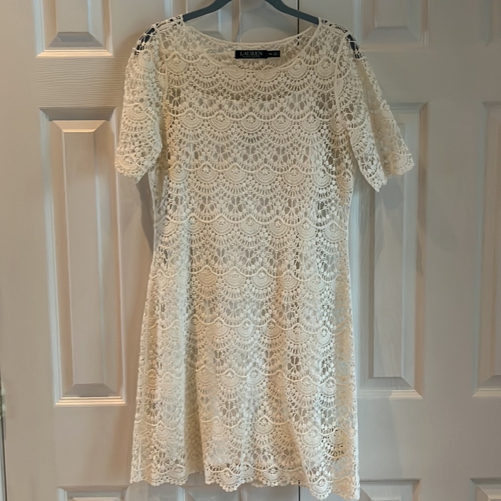 Lauren Ralph Lauren Cream Crochet Short Sleeve Dress size M Petite